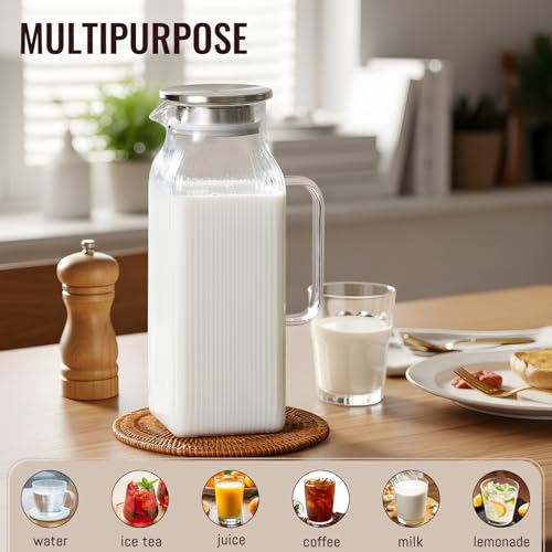 Snuvid 2 Liter/68 oz Square Glass Pitcher with Lid, Classic Stripes Water Pitchers with Handle for Fridge, Large Jug for Iced Tea, Coffee, Borosilicate Glass Carafe for Hot/Cold Brew Drink, Silver - Image 3