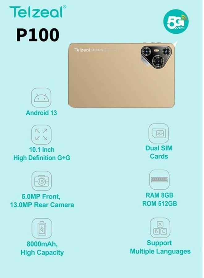 Telzeal P100 Android 13 Tablet | 10.1-Inch HD Display | 8GB RAM + 512GB ROM | Octa-Core Processor | Dual SIM + 5G WiFi | 8000mAh Long Battery | Wireless Keyboard & Mouse | Dual Cameras – Gold - Image 3