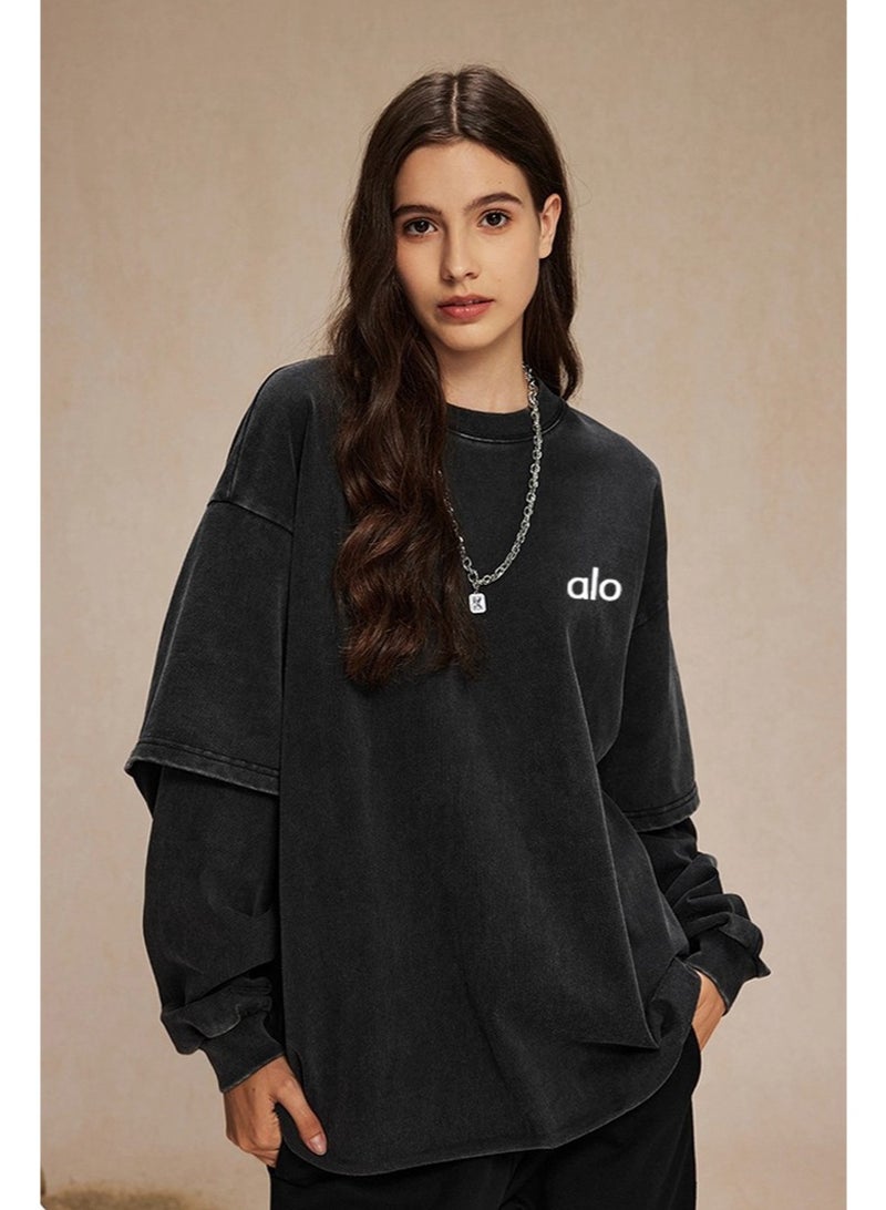 Alo black washed oversized sports shirt, casual layered long sleeved top, distressed black toned sweatshirt, unisex fake two-piece top - Image 1