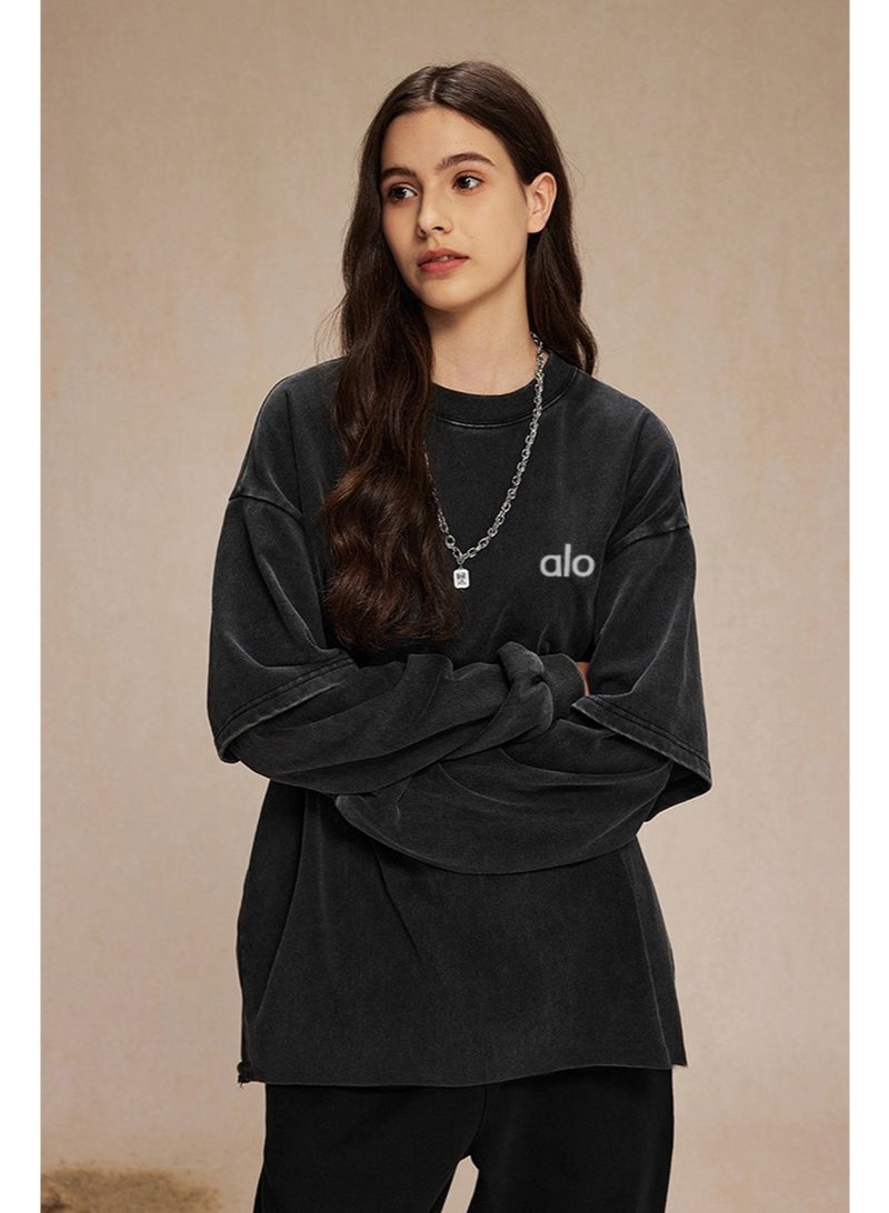 Alo black washed oversized sports shirt, casual layered long sleeved top, distressed black toned sweatshirt, unisex fake two-piece top - Image 3