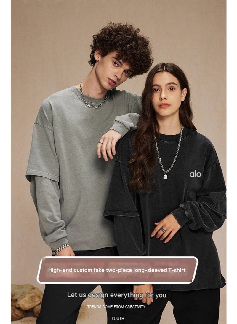 ALo728 black washed oversized sports shirt, casual layered long sleeved top, distressed black toned sweatshirt, unisex fake two-piece top - Image 3
