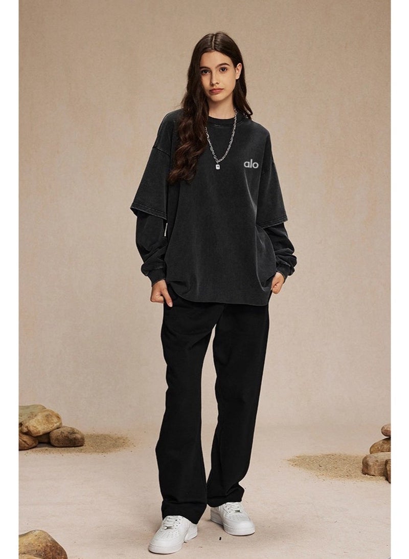 ALo728 black washed oversized sports shirt, casual layered long sleeved top, distressed black toned sweatshirt, unisex fake two-piece top - Image 5