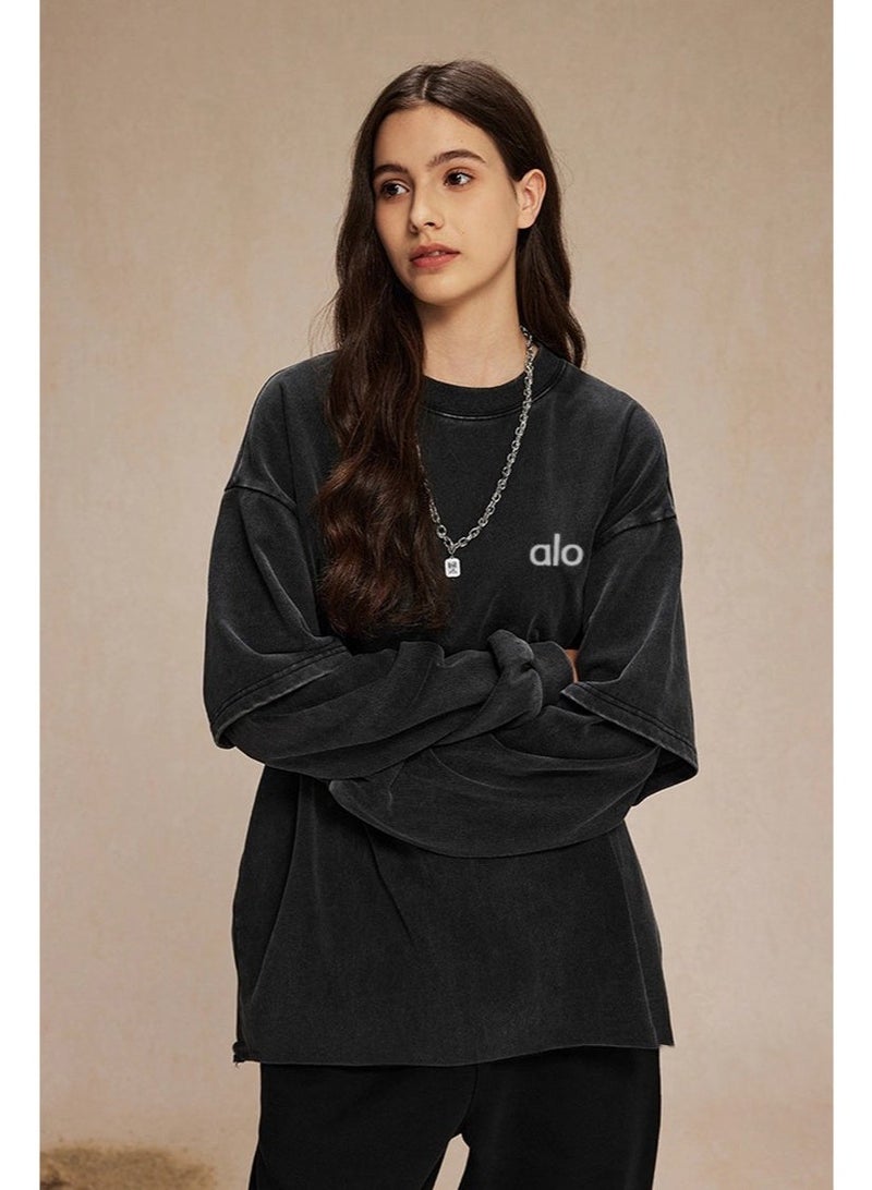ALo728 black washed oversized sports shirt, casual layered long sleeved top, distressed black toned sweatshirt, unisex fake two-piece top - Image 4