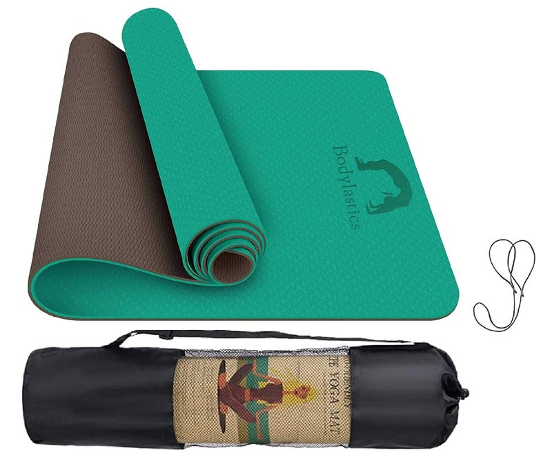 Bodylastics Yoga Mat for Men and Women with Carry Bag TPE 6ft x 2ft x 6mm Large Size Anti Slip & Anti Tear Workout Mat (Green/Black Mat Only) - Image 1