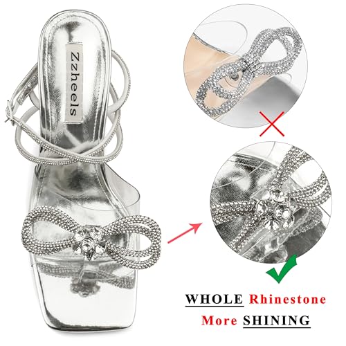 Zzheels Double Bowknots Crystal Sandals Clear Slingback Heels Square Toe Shoes for Party Wedding Dating Silver US7 - Image 3