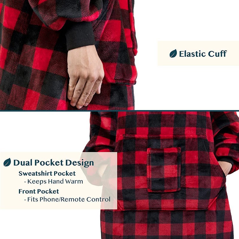 PAVILIA PAVILIA Sherpa Wearable Blanket Hoodie Women Men  Oversized Hoodie Sweatshirt Blanket  Thick Sweater Blanket Neck Warmer  Fleece Hug Sleep Pod Adult  Cozy Warm Plush Gift Idea Mom Wife  Checker Red - Image 3