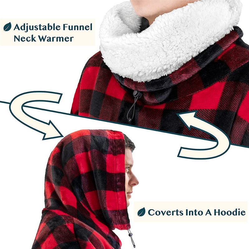 PAVILIA PAVILIA Sherpa Wearable Blanket Hoodie Women Men  Oversized Hoodie Sweatshirt Blanket  Thick Sweater Blanket Neck Warmer  Fleece Hug Sleep Pod Adult  Cozy Warm Plush Gift Idea Mom Wife  Checker Red - Image 2