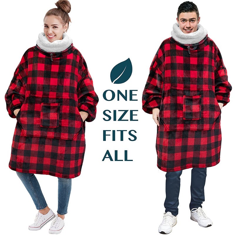 PAVILIA PAVILIA Sherpa Wearable Blanket Hoodie Women Men  Oversized Hoodie Sweatshirt Blanket  Thick Sweater Blanket Neck Warmer  Fleece Hug Sleep Pod Adult  Cozy Warm Plush Gift Idea Mom Wife  Checker Red - Image 5