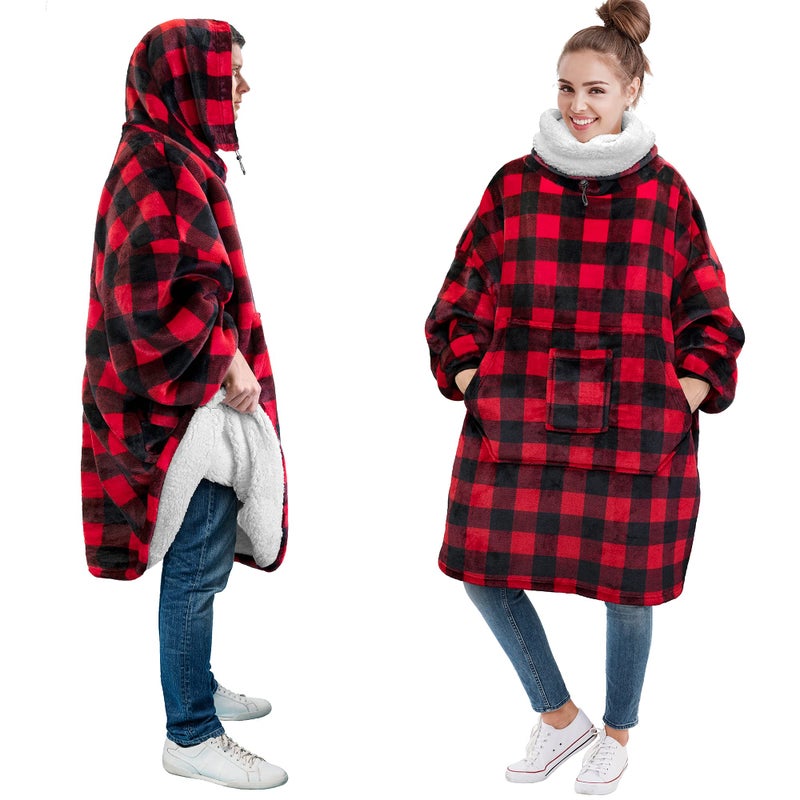PAVILIA PAVILIA Sherpa Wearable Blanket Hoodie Women Men  Oversized Hoodie Sweatshirt Blanket  Thick Sweater Blanket Neck Warmer  Fleece Hug Sleep Pod Adult  Cozy Warm Plush Gift Idea Mom Wife  Checker Red - Image 1