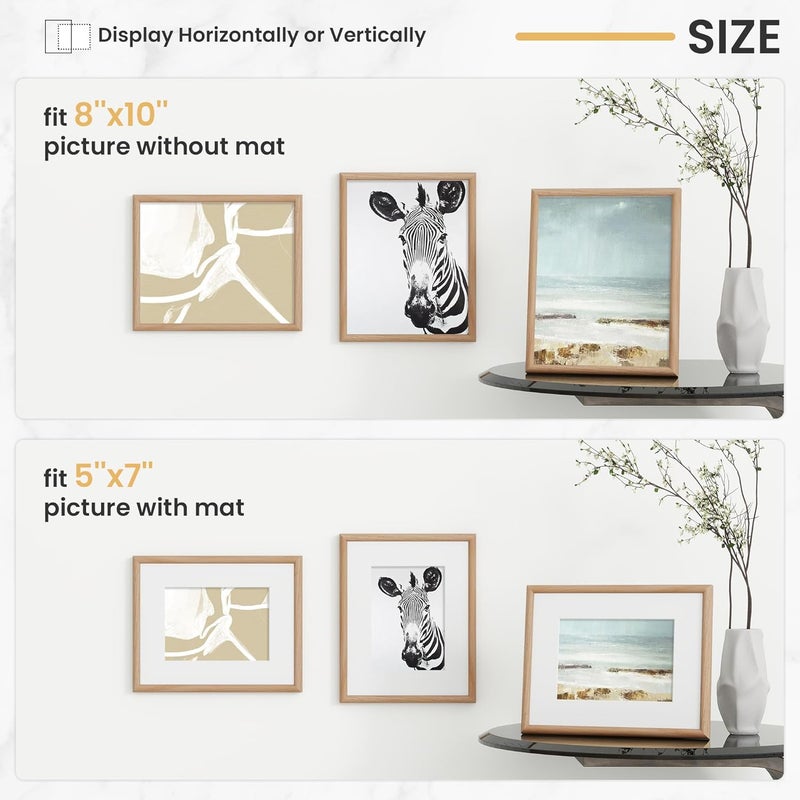 FLYJOE 8x10 Picture Frame, Display Pictures 5x7 with Mat or 8x10 Without Mat, Wall and Tabletop Display Photo Frame, Natural, 3 Pack - Image 4