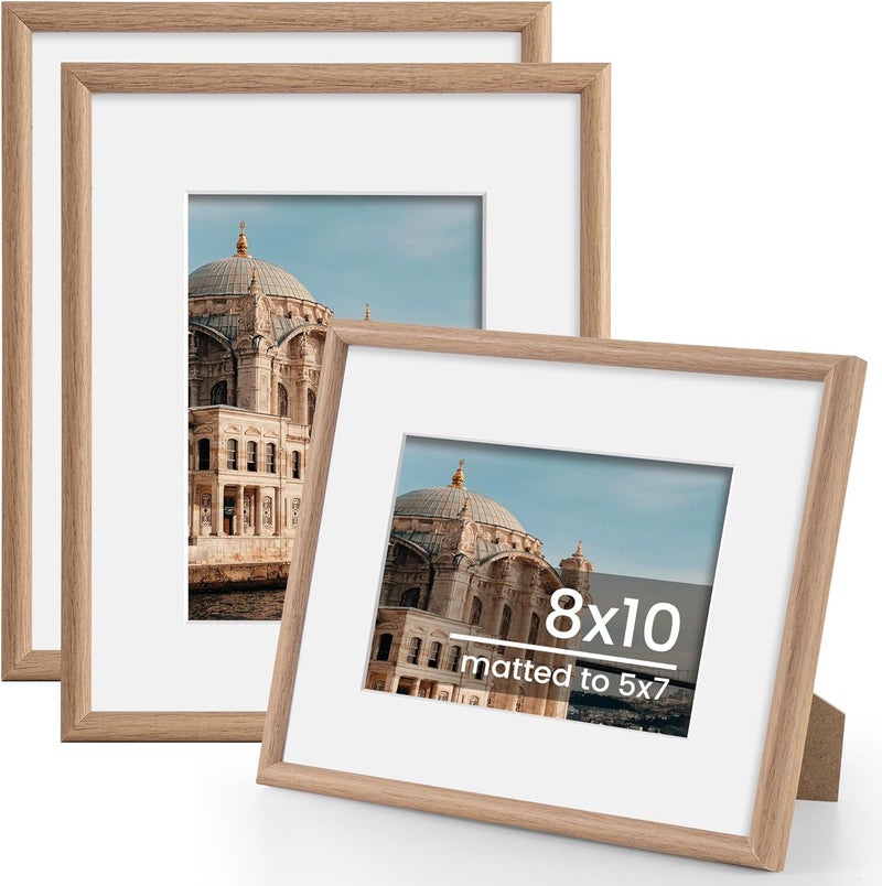 FLYJOE 8x10 Picture Frame, Display Pictures 5x7 with Mat or 8x10 Without Mat, Wall and Tabletop Display Photo Frame, Natural, 3 Pack - Image 1