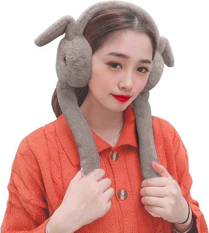 THE DDS STORE (With Blinking Light Moving Earmufuffs With Rabbit Ear In Winter Windproof Girls Ear Warmer Plush Knitted Ear Muffs Hairy Rabbit Ear (Brown) - Image 1