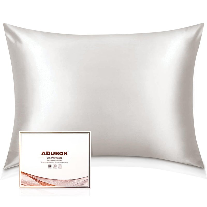 Adubor Silk Pillow Case 23 Momme 6A Grade Fibers 900 Thread Count Mulberry Silk Pillow Case for Hair and Skin Health with Hidden Zipper Queen 20x30 Lvory White 1PC
