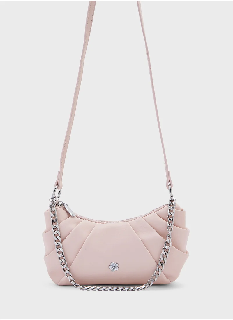 Ginger Pleated Flower Trim Crossbody Bag