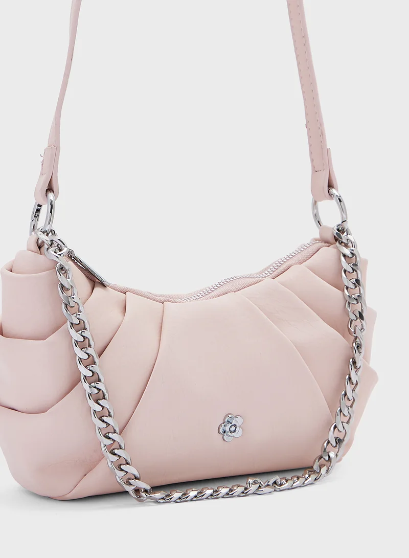Ginger Pleated Flower Trim Crossbody Bag
