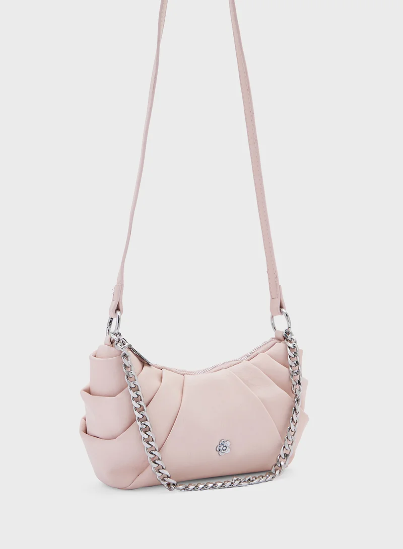 Ginger Pleated Flower Trim Crossbody Bag