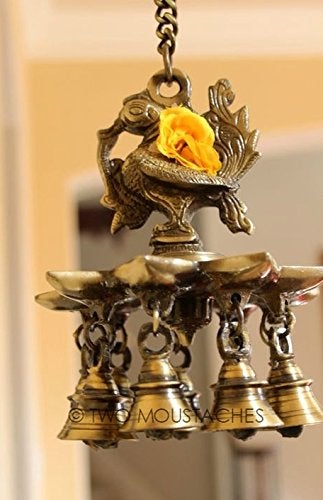 Two Moustaches Peacock Design Brass Hanging Diya with Bells Diyas for Home Decoration 11 Kg Brass Hanging Lamp Diya 4 Inches Diya 14 Inches Chain Length Brass Hanging Lamp Pack of 1 - Image 3