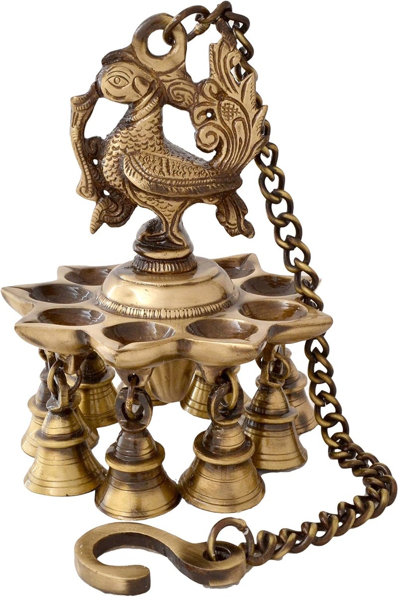 Two Moustaches Peacock Design Brass Hanging Diya with Bells Diyas for Home Decoration 11 Kg Brass Hanging Lamp Diya 4 Inches Diya 14 Inches Chain Length Brass Hanging Lamp Pack of 1 - Image 1