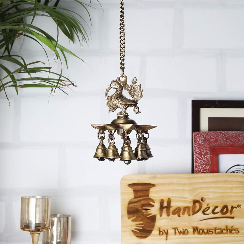 Two Moustaches Peacock Design Brass Hanging Diya with Bells Diyas for Home Decoration 11 Kg Brass Hanging Lamp Diya 4 Inches Diya 14 Inches Chain Length Brass Hanging Lamp Pack of 1 - Image 4