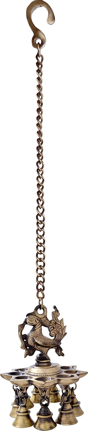 Two Moustaches Peacock Design Brass Hanging Diya with Bells Diyas for Home Decoration 11 Kg Brass Hanging Lamp Diya 4 Inches Diya 14 Inches Chain Length Brass Hanging Lamp Pack of 1 - Image 2