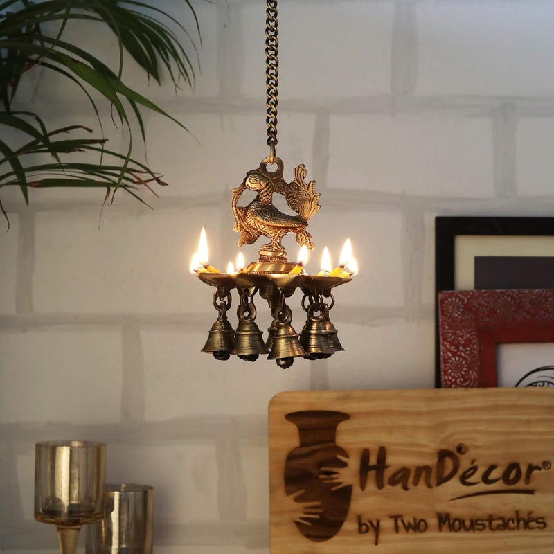 Two Moustaches Peacock Design Brass Hanging Diya with Bells Diyas for Home Decoration 11 Kg Brass Hanging Lamp Diya 4 Inches Diya 14 Inches Chain Length Brass Hanging Lamp Pack of 1 - Image 5