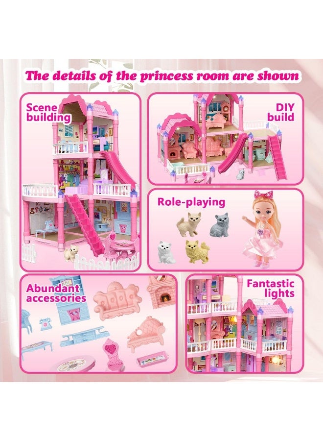 Villa Kids Doll House Playset – 3-Story Princess Dream Home with 296 PCS Furniture, Slide, Balcony & Garden | Pretend Play DIY Assembly Dollhouse Toy for Girls Ages 3+ (Multicolor) - Image 2