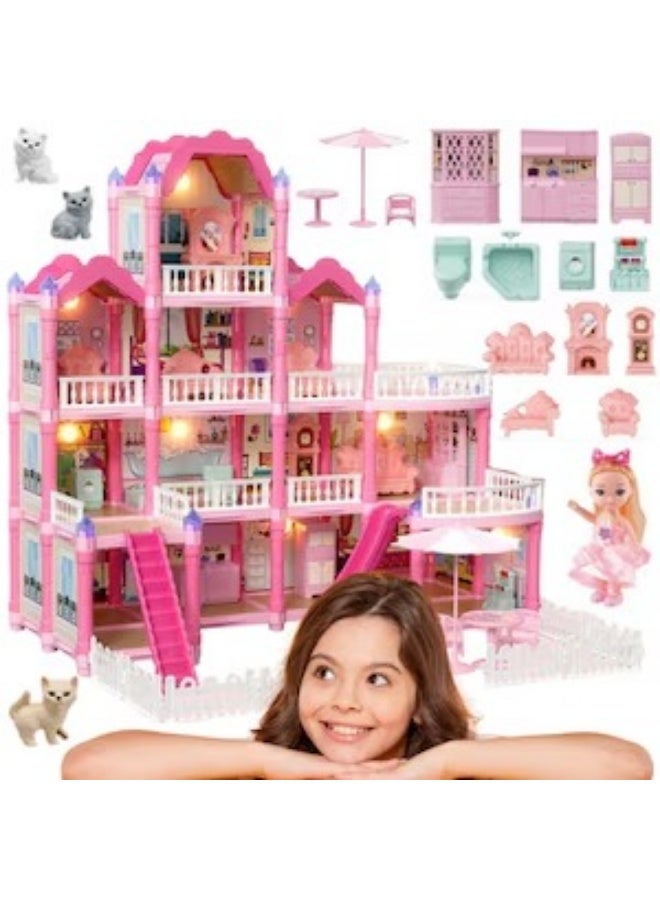 Villa Kids Doll House Playset – 3-Story Princess Dream Home with 296 PCS Furniture, Slide, Balcony & Garden | Pretend Play DIY Assembly Dollhouse Toy for Girls Ages 3+ (Multicolor) - Image 1