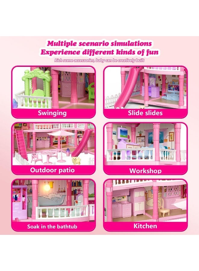 Villa Kids Doll House Playset – 3-Story Princess Dream Home with 296 PCS Furniture, Slide, Balcony & Garden | Pretend Play DIY Assembly Dollhouse Toy for Girls Ages 3+ (Multicolor) - Image 4