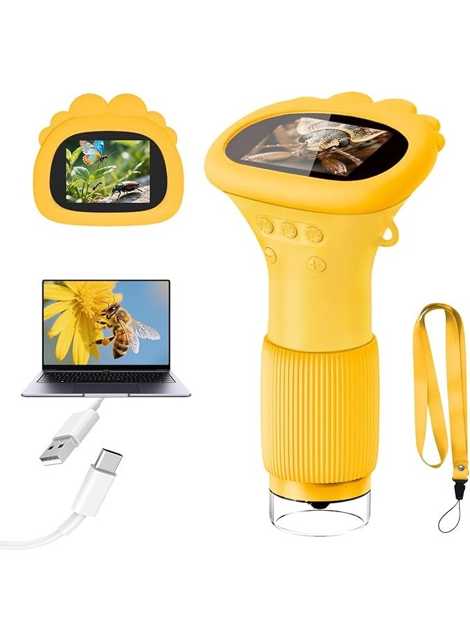 Microscope for Children, Digital Pocket Microscope with 2.0 Inch IPS Screen Magnifying Glass 200x Magnification, 8 LED Lights Mobile Phone Children's Microscope for Garden Toys - Yellow - Image 1