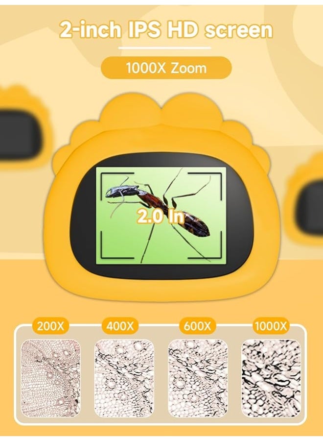 Microscope for Children, Digital Pocket Microscope with 2.0 Inch IPS Screen Magnifying Glass 200x Magnification, 8 LED Lights Mobile Phone Children's Microscope for Garden Toys - Yellow - Image 2