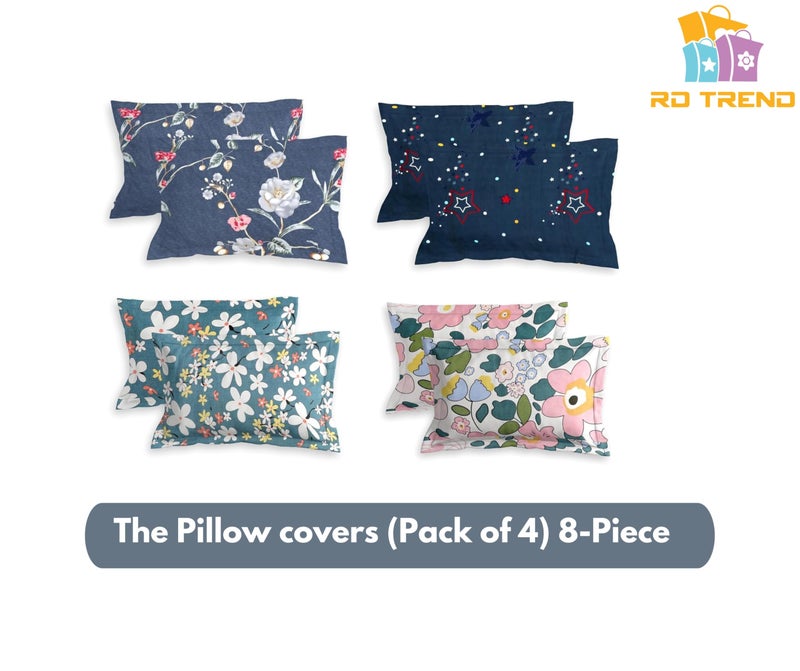 RD TREND® Glace Cotton Assorted Pillow Cover Set of 4 (8 Pcs) – Premium 210 TC, Standard Size 18"x28" | Soft & Breathable Floral Printed Design for Bedroom |Navy Blue, Teal, Pink - Image 2