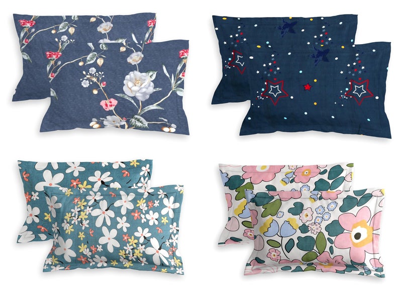RD TREND® Glace Cotton Assorted Pillow Cover Set of 4 (8 Pcs) – Premium 210 TC, Standard Size 18"x28" | Soft & Breathable Floral Printed Design for Bedroom |Navy Blue, Teal, Pink - Image 1