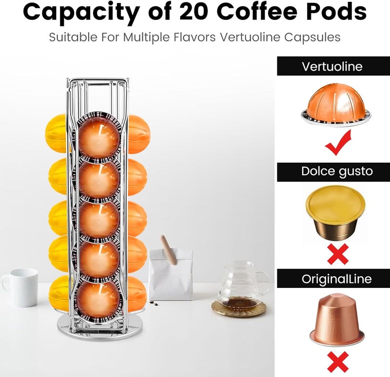 حامل حبوب القهوة لـ Nespresso Vertuoline بسعة 20 حبة، رف منظم حبوب Vertuo لبار القهوة، حاوية كبسولات قهوة دوارة 360° لتخزين 20 حبة، دولاب حامل 20 حبة لخط Nespresso Vertuo (فضي) - Image 2