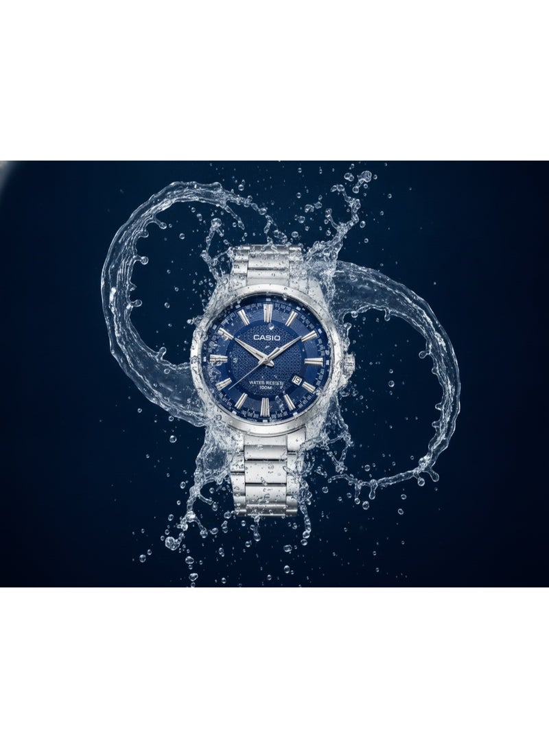 Casio Men's Analog Quartz Watch with Blue Textured Dial, Stainless Steel Bracelet, 100m Water Resistant - Image 4