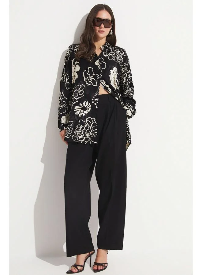 JUNE June Women Exclusive Oversize/Loose Fit Viscose Blend Floral Fited Shirt Black