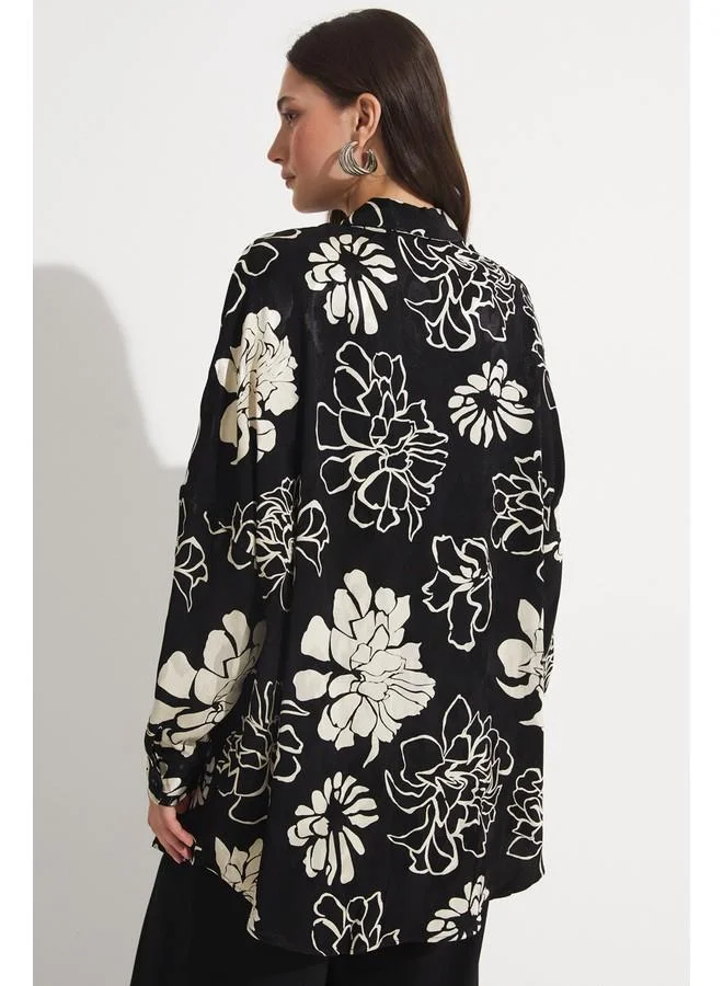JUNE June Women Exclusive Oversize/Loose Fit Viscose Blend Floral Fited Shirt Black