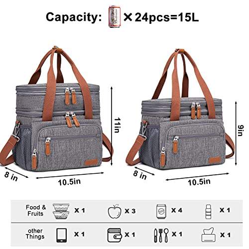 Weitars Lunch Bag for Women Men, Loncheras Para Mujer Dual Compartment Waterproof Reusable Large Lunch Box Wide-Open Cooler Tote Bag For Working Picnic Hiking (15L) (Gray(kahki)) - Image 2