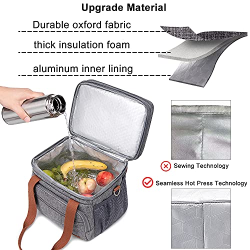Weitars Lunch Bag for Women Men, Loncheras Para Mujer Dual Compartment Waterproof Reusable Large Lunch Box Wide-Open Cooler Tote Bag For Working Picnic Hiking (15L) (Gray(kahki)) - Image 4