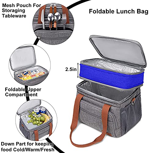 Weitars Lunch Bag for Women Men, Loncheras Para Mujer Dual Compartment Waterproof Reusable Large Lunch Box Wide-Open Cooler Tote Bag For Working Picnic Hiking (15L) (Gray(kahki)) - Image 3