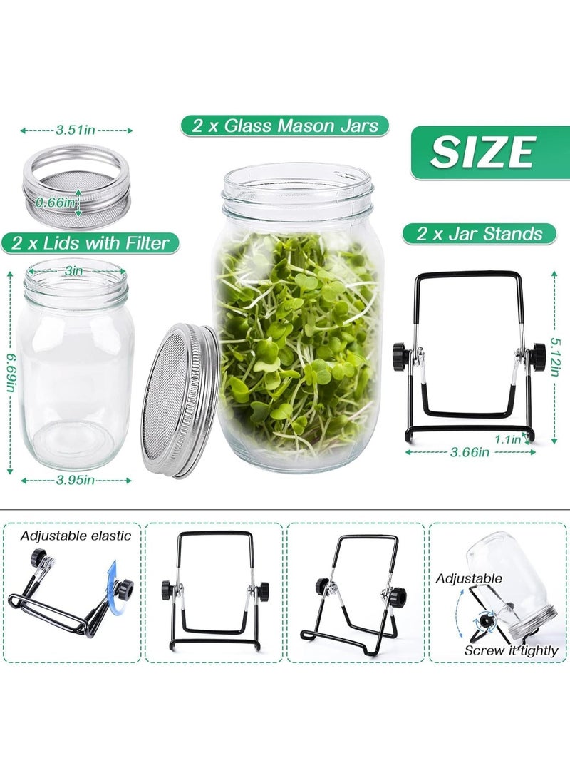 البذور براعة جرة مجموعة مع 2 فم واسع ميسون جرات براعات الفاصوليا تزداد مجموعة Microgreens زراعة جرة مع غطاء شاشة شبكة براعة براعات صانع لزراعة البروكولي، الفالفاصوليا، مونغ فاصوليا - Image 2