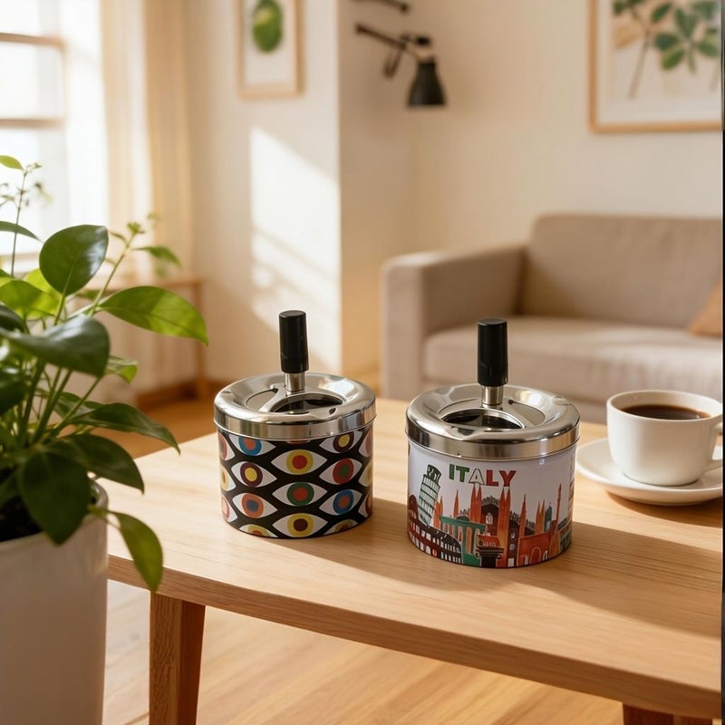 Italian Architecture Style Vintage Press Top Ashtray With Lid Stylish Design Prevents Fly Ash And Smoke Odor Universal For Home Dorm Living Room And Car Use - Image 1