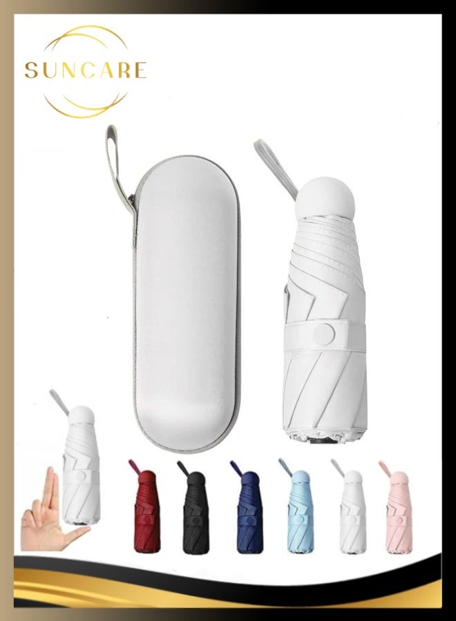 SUNCARE Mini Sun Umbrella with Protective Case, 8 Ribs Compact UV Umbrella for Summer & Sun Protection, Windproof Folding Travel Umbrella Ideal for Men & Women (White)  - Image 1