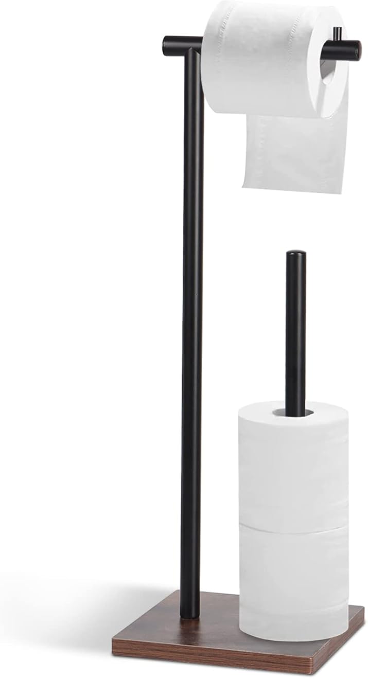 Topsky Free Standing Toilet Paper Holder Stainless Steel Tissue Roll Holder Floor Stand Tissue Holder with Square Wooden Base (Black)