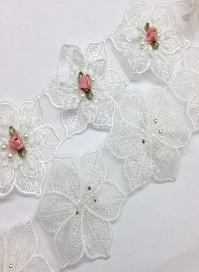 PEPPERLONELY 12PC White Rose Pearl Chiffon Flower Embroidered Lace Edge Trim Ribbon, 3 Inch - Image 2
