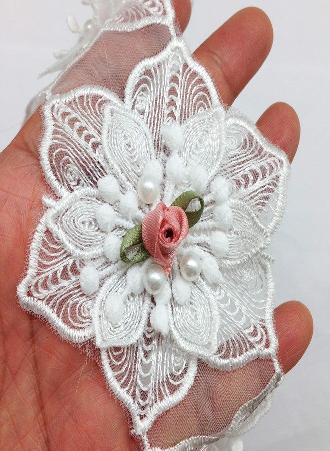 PEPPERLONELY 12PC White Rose Pearl Chiffon Flower Embroidered Lace Edge Trim Ribbon, 3 Inch - Image 1