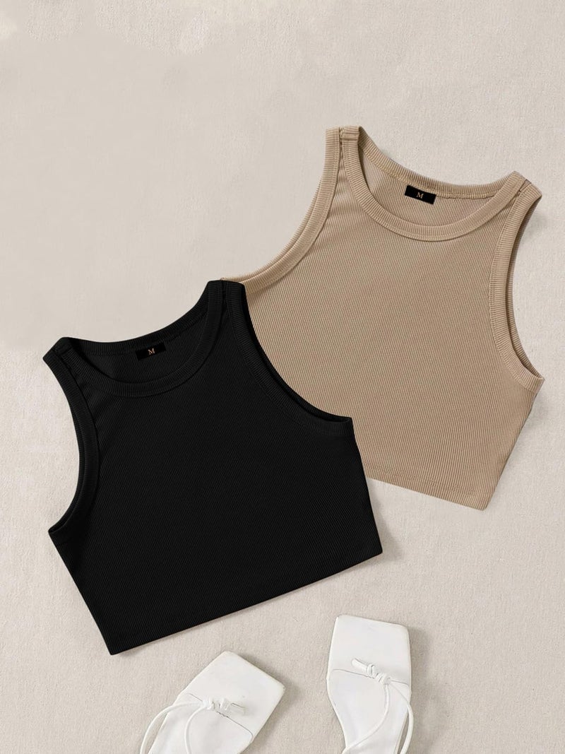 Toochki (Pack of 2) Stylish Sleeveless Round Neck Ribbed Tank Tops for Women and Western Crop Top - Image 2