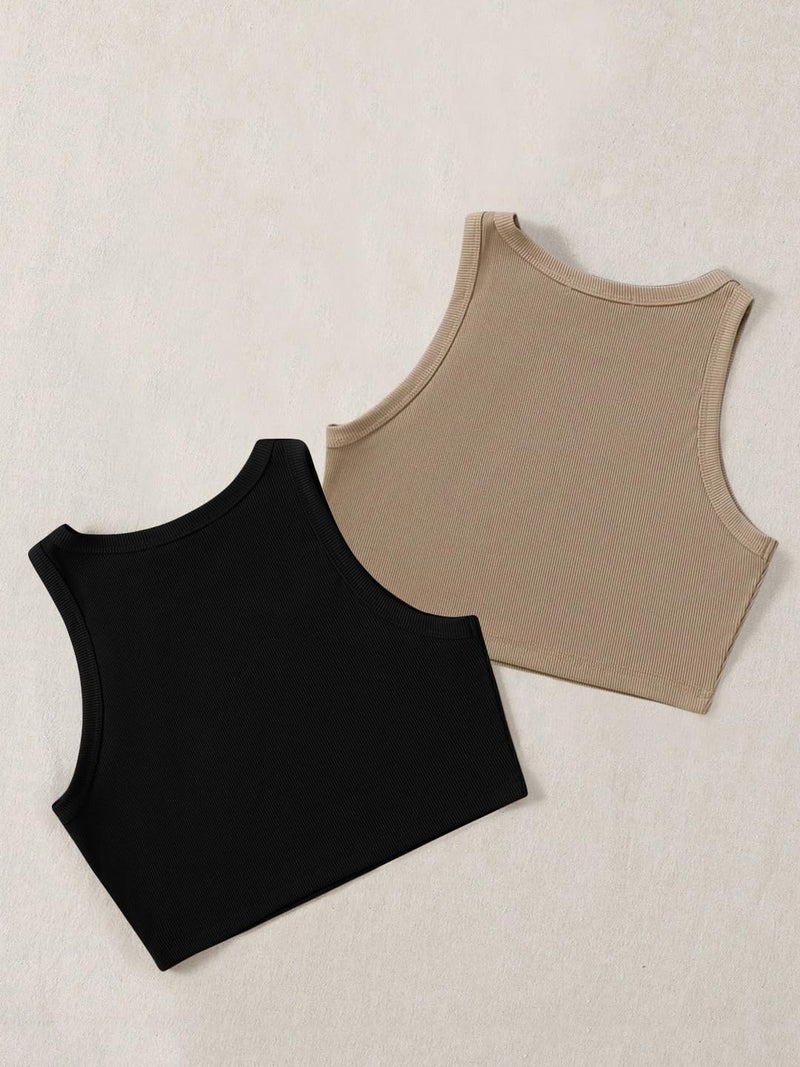 Toochki (Pack of 2) Stylish Sleeveless Round Neck Ribbed Tank Tops for Women and Western Crop Top - Image 3