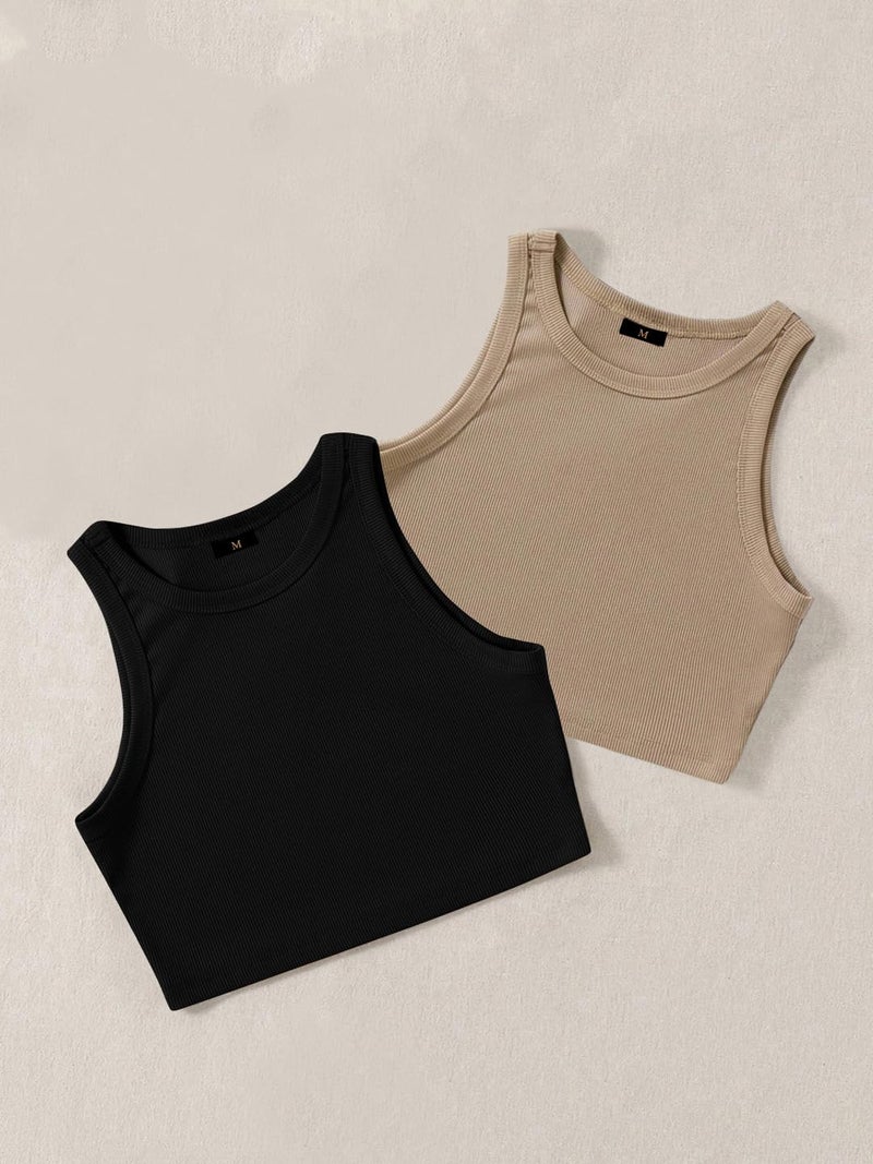 Toochki (Pack of 2) Stylish Sleeveless Round Neck Ribbed Tank Tops for Women and Western Crop Top - Image 5