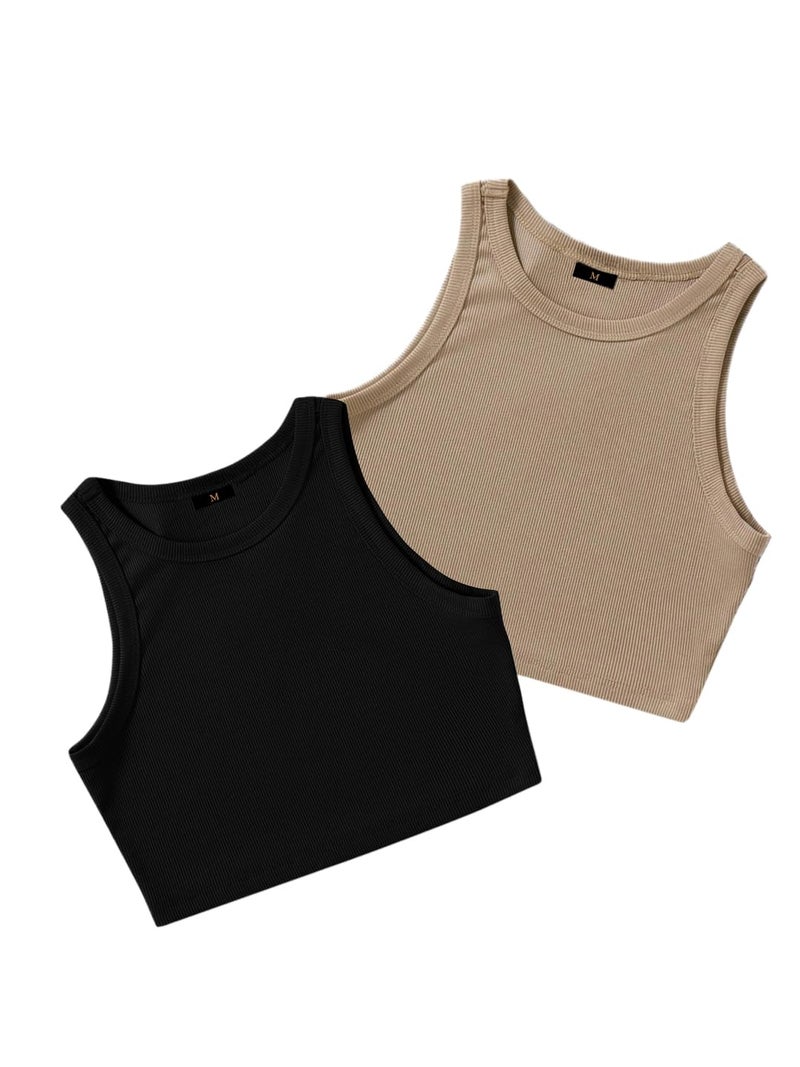 Toochki (Pack of 2) Stylish Sleeveless Round Neck Ribbed Tank Tops for Women and Western Crop Top - Image 1