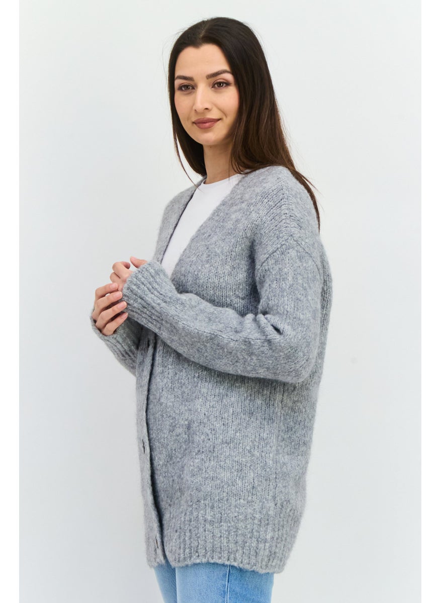 HUGO BOSS Women V-Neck Textured Cardigans, Grey  - Image 2